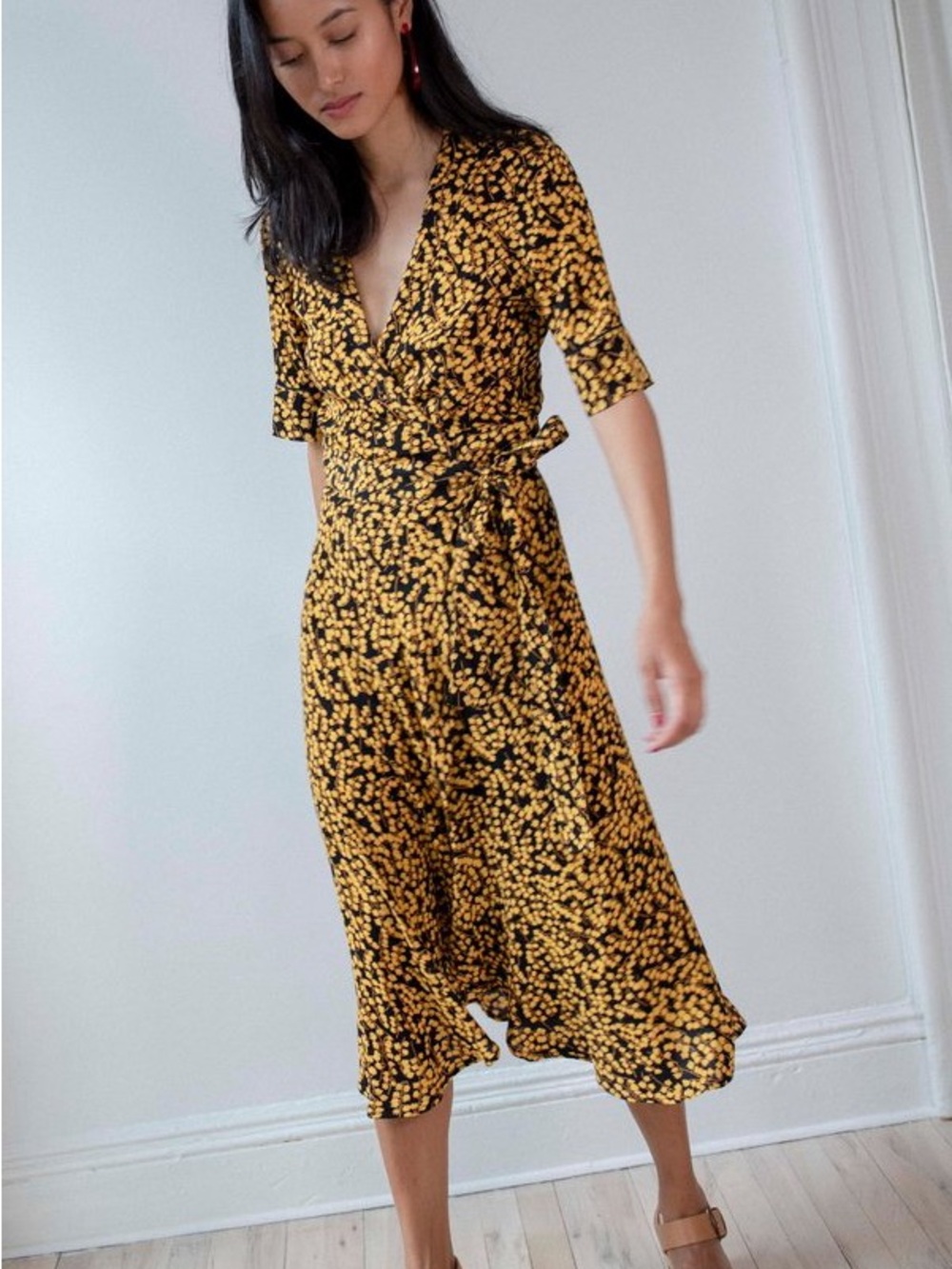 Ganni Black and Yellow Floral Wrap Midi Dress